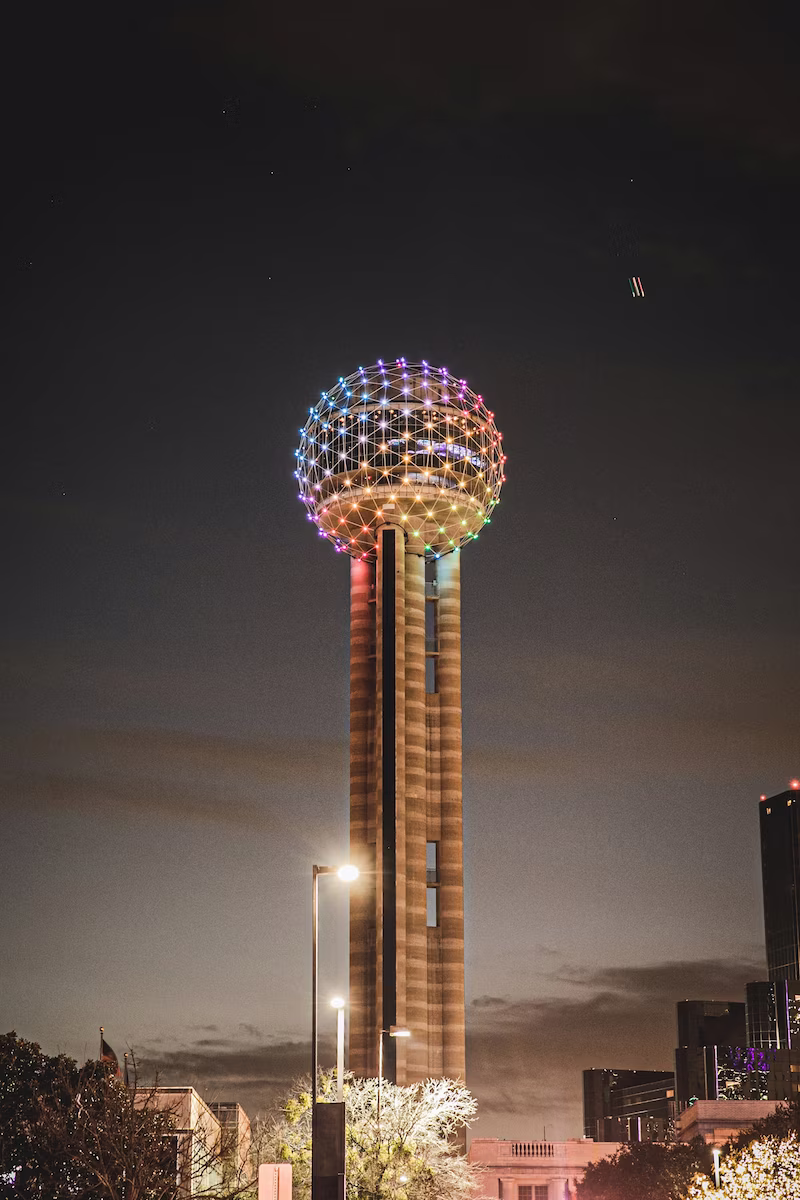 Reunion Tower above the downtown Dallas skyline