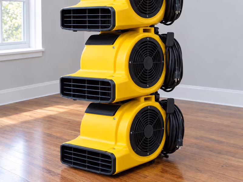 Commercial air movers drying a water-damaged space