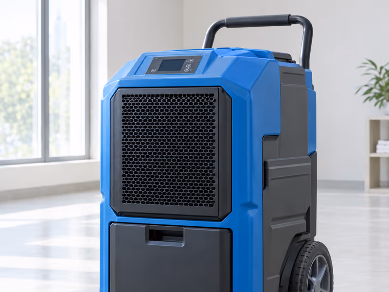 A commercial dehumidifier drying a water-damaged space